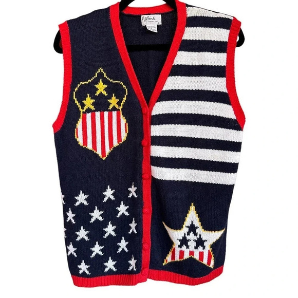 Vintage Patriotic Ugly Sweater Vest Red White Blue America Knit Vest Size Large - Picture 1 of 7